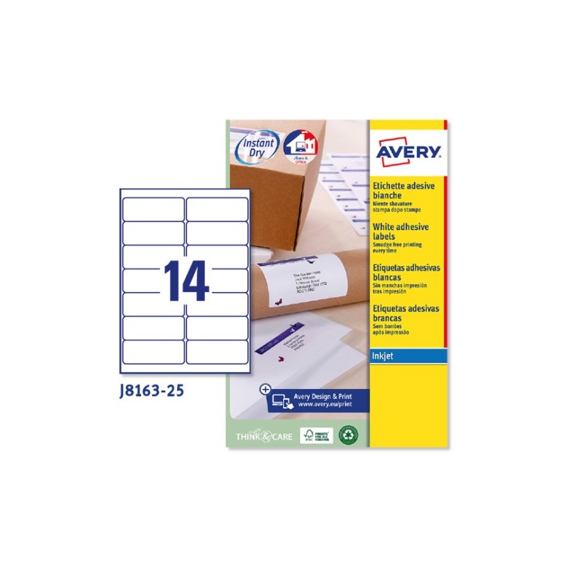 PAQUETE 25 HOJAS ETIQUETAS BLANCAS QUICK DRY IMPRESORAS DE INYECCIoN DE TINTA 991X381 MM AVERY J8163 25