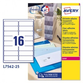 PAQUETE 25 HOJAS ETIQUETAS TRANSPARENTES QUICKPEEL IMPRESORAS LaSER 991X339 MM AVERY L7562 25