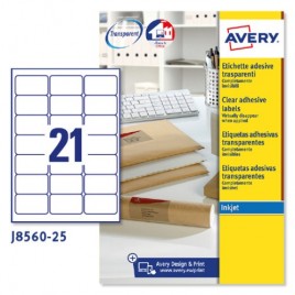 PAQUETE 25 HOJAS ETIQUETAS TRANSPARENTES QUICKPEEL IMPRESORAS DE INYECCIoN DE TINTA 635X381 MM AVERY J8560 25