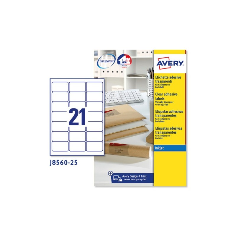 PAQUETE 25 HOJAS ETIQUETAS TRANSPARENTES QUICKPEEL IMPRESORAS DE INYECCIoN DE TINTA 635X381 MM AVERY J8560 25