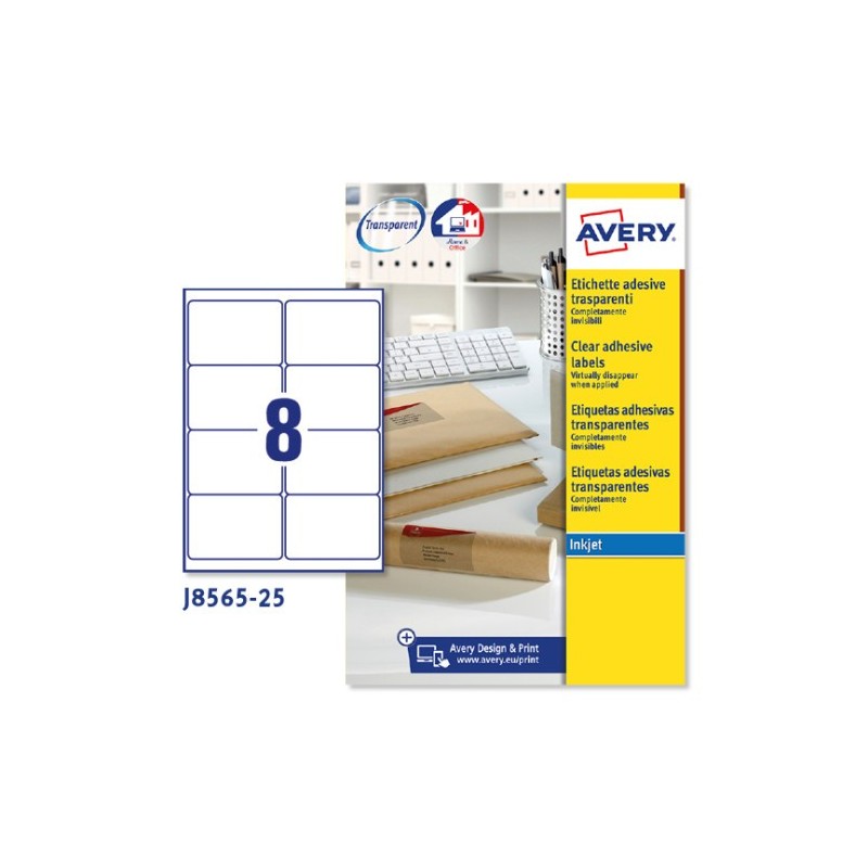 PAQUETE 25 HOJAS ETIQUETAS TRANSPARENTES QUICKPEEL IMPRESORAS DE INYECCIoN DE TINTA 991X677 MM AVERY J8565 25