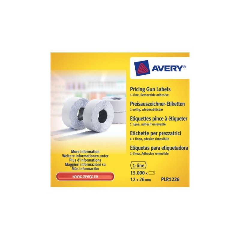 PACK 10 ROLLOS DE ETIQUETAS BLANCAS DESPEGABLES DE 1 LiNEA 1500 ETIQUETAS 12X26MM POR ROLLO AVERY PLR1226