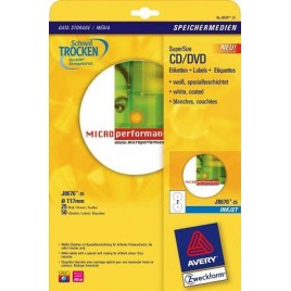 PAQUETE 25 HOJAS ETIQUETAS FULL FACE NO TOUCH BLANCAS PAPEL CUCHe OPACA PARA CD IMPRESORAS INYECCIoN TINTA 117 MM AVERY J8676 2