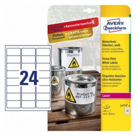 PAQUETE 8 HOJAS ETIQUETAS DE POLIeSTER BLANCO PARA IMPRESORAS LaSER 635X339 MM AVERY L4773 8