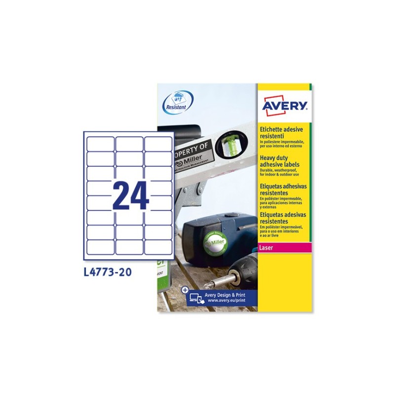 PAQUETE 20 HOJAS ETIQUETAS DE POLIeSTER BLANCO IMPRESORAS LaSER 635X339 MM AVERY L4773 20