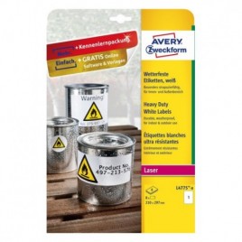 PAQUETE 8 HOJAS ETIQUETAS DE POLIeSTER BLANCO IMPRESORAS LaSER 210X297 MM AVERY L4775 8