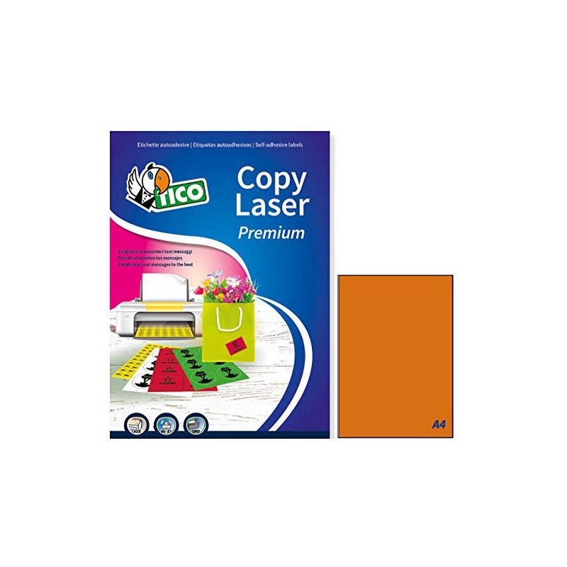 CAJA 70 HOJAS ETIQUETAS NARANJA FLUORESCENTE SIN MaRGENES LaSER INYECCIoN DE TINTA FOTOCOPIADORAS 210X297 MM TICO LP4FA 210297