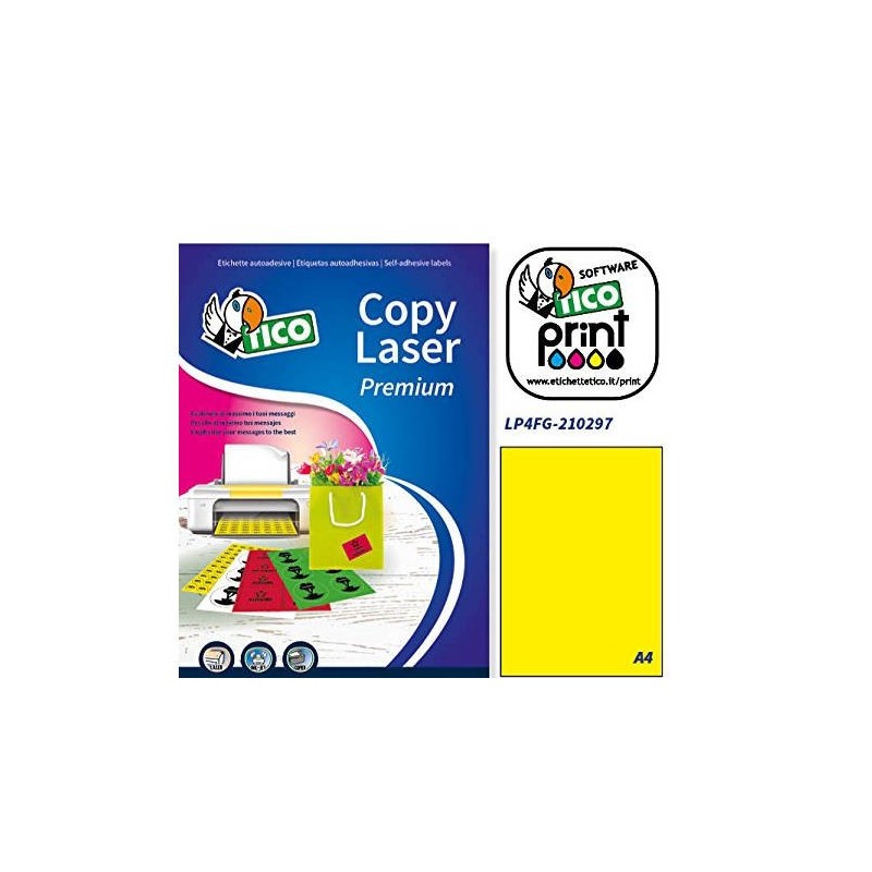 CAJA 70 HOJAS ETIQUETAS AMARILLO FLUORESCENTE SIN MaRGENES LaSER INYECCIoN DE TINTA FOTOCOPIADORAS 210X297 MM TICO LP4FG 210297