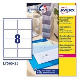 PAQUETE 25 HOJAS ETIQUETAS TRANSPARENTES QUICKPEEL IMPRESORAS LaSER 991X677 MM AVERY L7565 25