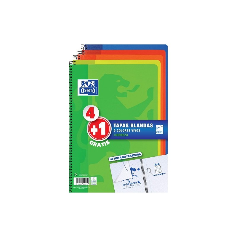 PACK 41 CUADERNO ESPIRAL TAPA BLANDA FOLIO 80 HOJAS 4X4 CON MARGEN COLORES VIVOS OXFORD 400027271