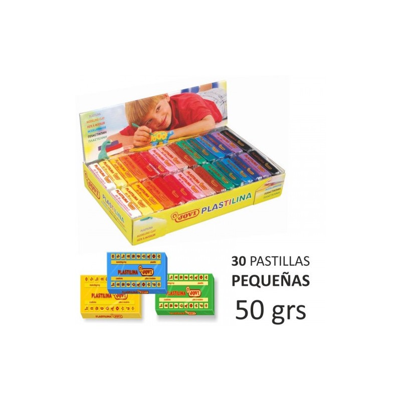 CAJA EXPOSITORA 30 PASTILLAS PLASTILINA 50 G COLORES SURTIDOS 2 UDS X 15 COLORES JOVI 70S