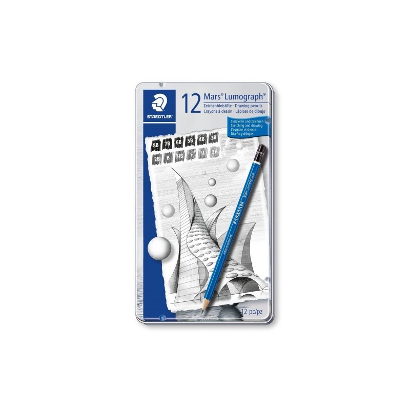 ESTUCHE DE METAL CON 12 LaPICES GRADUACIONES 8B 7B 6B 5B 4B 3B 2B B HB F H 2H STAEDTLER 100 G12 S