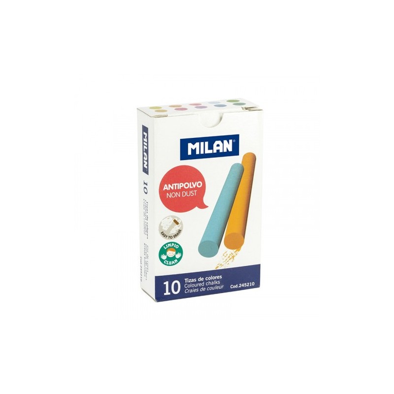 CAJA 10 TIZAS DE CARBONATO DE CALCIO DE COLORES REDONDAS ANTIPOLVO MILAN 245210