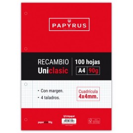 RECAMBIO PAQUETE 100 HOJAS A4 UNICLASIC 90 GR 4X4 CON MARGEN PAPYRUS 53391000