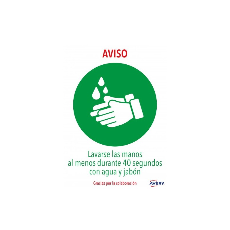 SENALES ADHESIVOS PREIMPRESO LAVARSE LAS MANOS SOBRE DE 2 HOJAS EN A4 AVERY AVKITCOVID1ES