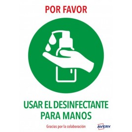 SENALES ADHESIVOS PREIMPRESO USAR DESINFECTANTE PARA LAS MANOS SOBRE DE 2 HOJAS EN A4 AVERY AVKITCOVID3ES