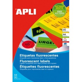 PACK 20 HOJAS 20UDETIQUETAS AMARILLO FLUORESCENTE PERMANENTES 2100 X 2970 MM APLI 2878