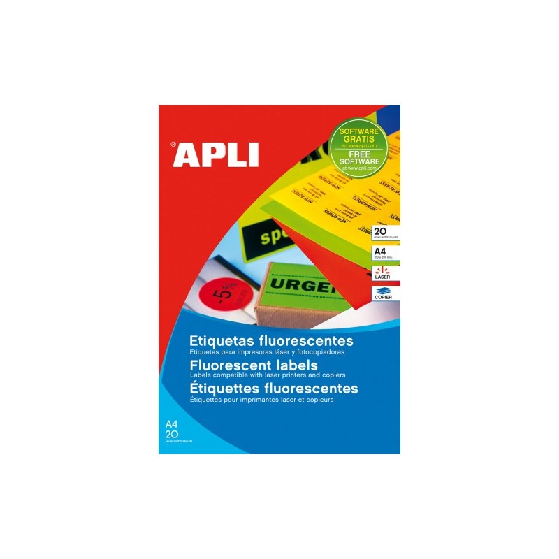 PACK 20 HOJAS 20UDETIQUETAS AMARILLO FLUORESCENTE PERMANENTES 2100 X 2970 MM APLI 2878