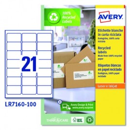 CAJA 100 ETIQUETAS BLANCAS RECICLADAS QUICKPEEL IMPRESORAS LaSER 635X381 21 ETIQUETAS POR HOJA AVERY LR7160 100