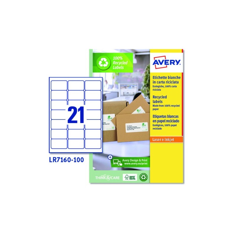 CAJA 100 ETIQUETAS BLANCAS RECICLADAS QUICKPEEL IMPRESORAS LaSER 635X381 21 ETIQUETAS POR HOJA AVERY LR7160 100