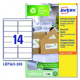 CAJA 100 ETIQUETAS BLANCAS RECICLADAS QUICKPEEL IMPRESORAS LaSER 991X381MM 14 ETIQUETAS POR HOJA AVERY LR7163 100