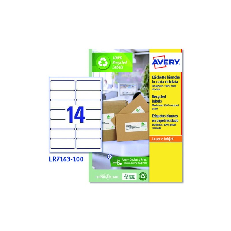 CAJA 100 ETIQUETAS BLANCAS RECICLADAS QUICKPEEL IMPRESORAS LaSER 991X381MM 14 ETIQUETAS POR HOJA AVERY LR7163 100